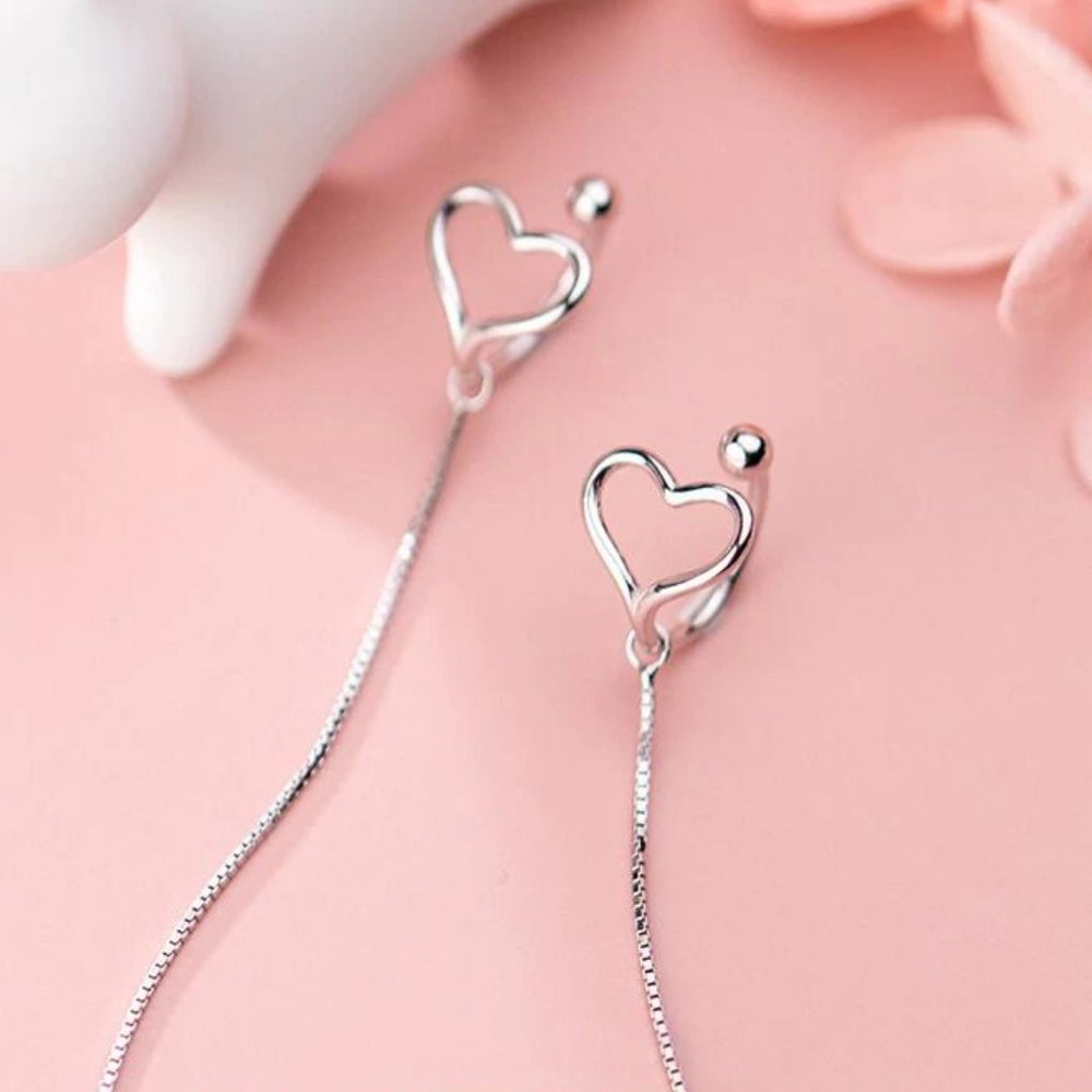 NEW 925 Sterling Silver Heart Cuff Chain Earrings - Picture 4 of 10
